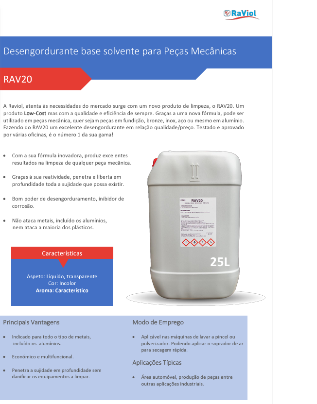 Desengordurante base solvente peças mecânicas 25L RAV20